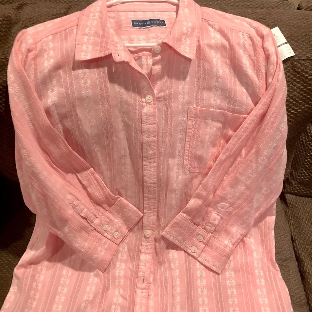Karen Scott Women’s Collared Top Pink w/ White flowers and Petite Stripes